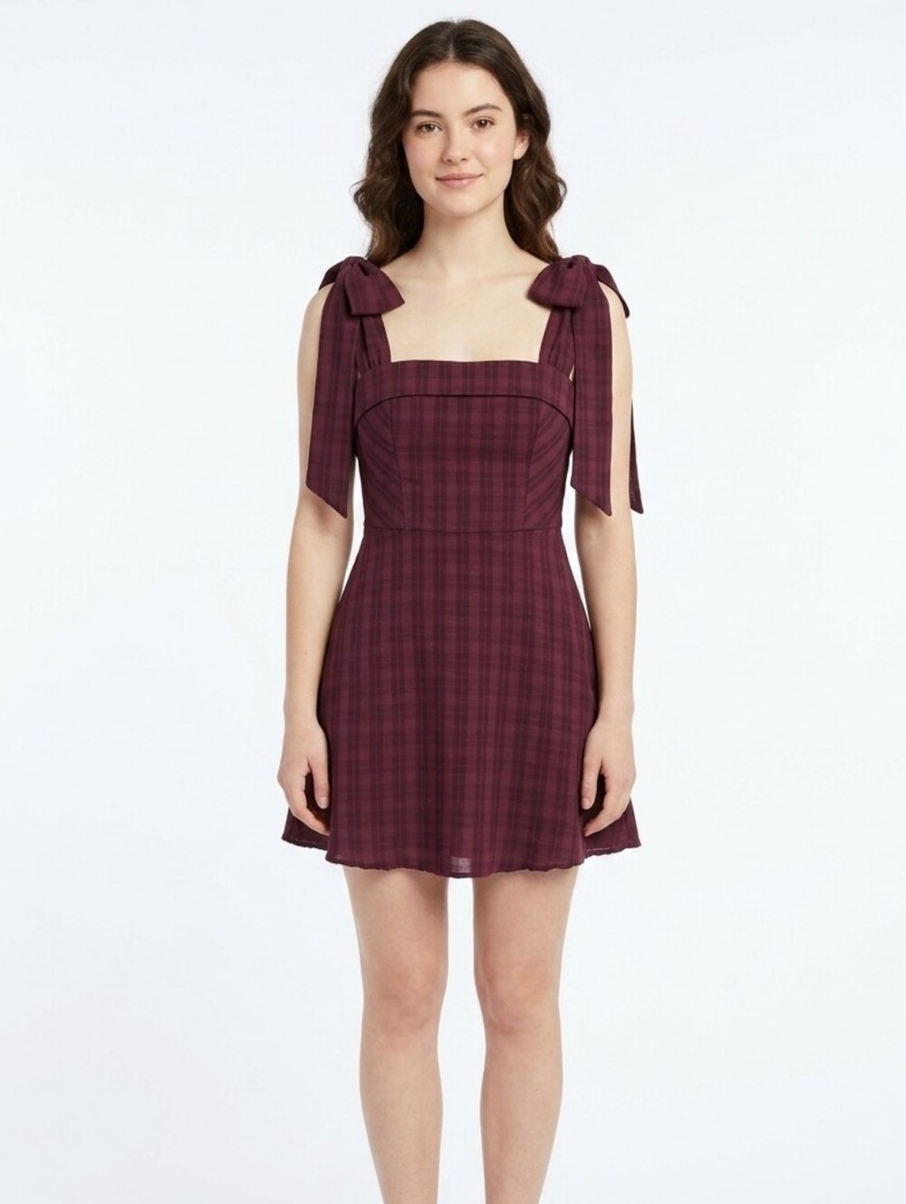 NWT Francesca's Burgundy Plaid Tie Shoulder Strap Mini Dress Fit Flare Small XS